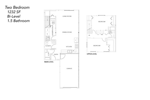 Floor plan for 2 beds, 1.5 baths, 1232 sqft